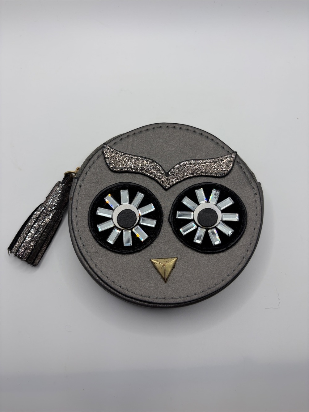 Neiman Marcus Gray Owl Coin Purse with Rhinestone Eyes